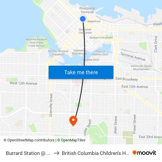 Burrard Station @ Bay 1 to British Columbia Children's Hospital map