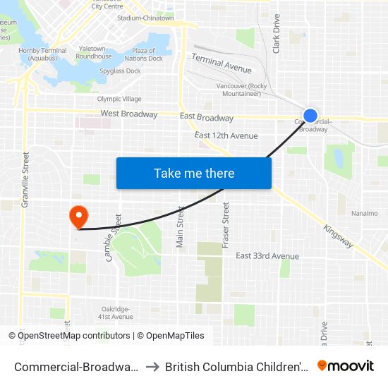 Commercial-Broadway Station to British Columbia Children's Hospital map