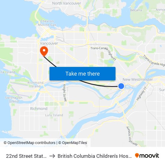 22nd Street Station to British Columbia Children's Hospital map