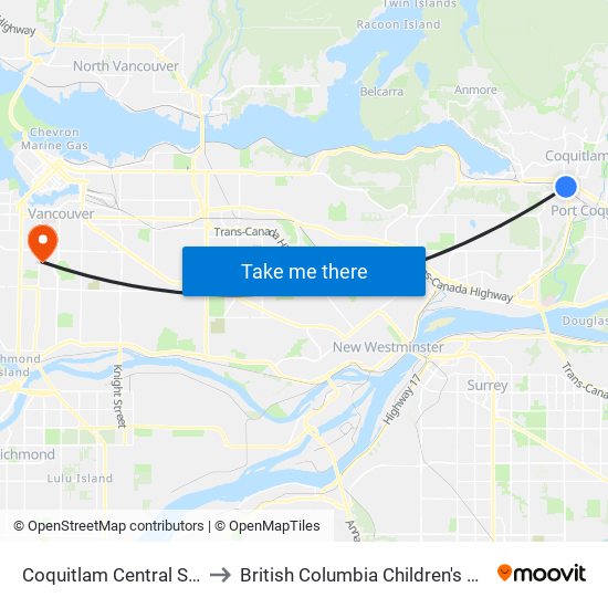 Coquitlam Central Station to British Columbia Children's Hospital map