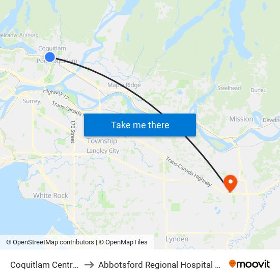 Coquitlam Central Station to Abbotsford Regional Hospital & Cancer Centre map