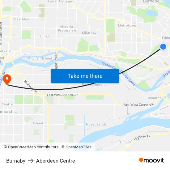 Burnaby to Aberdeen Centre map