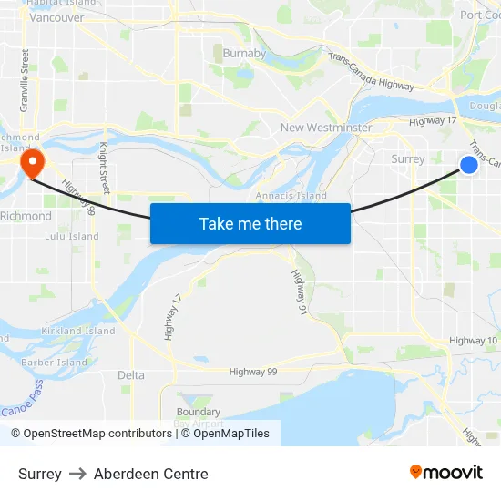 Surrey to Aberdeen Centre map