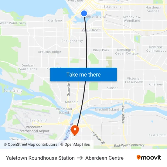 Yaletown Roundhouse Station to Aberdeen Centre map