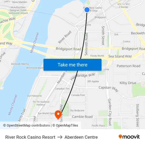 River Rock Casino Resort to Aberdeen Centre map