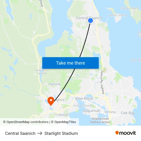 Central Saanich to Starlight Stadium map