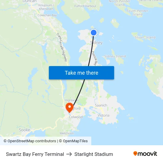 Swartz Bay Ferry Terminal to Starlight Stadium map