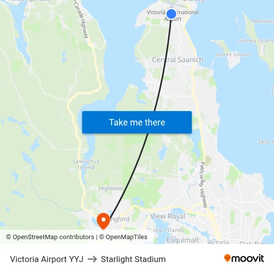 Victoria Airport YYJ to Starlight Stadium map