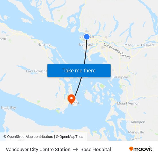 Vancouver City Centre Station to Base Hospital map