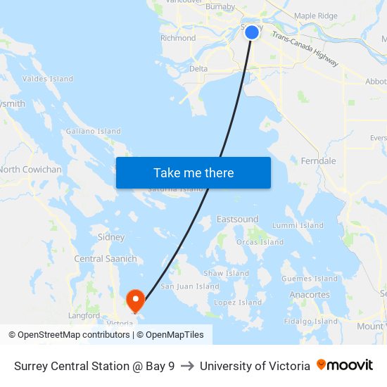 Surrey Central Station @ Bay 9 to University of Victoria map