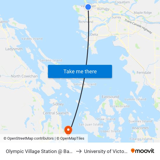 Olympic Village Station @ Bay 1 to University of Victoria map