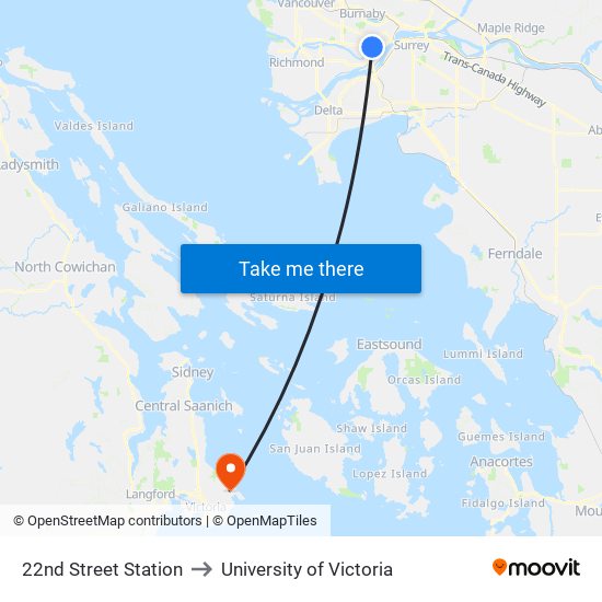 22nd Street Station to University of Victoria map
