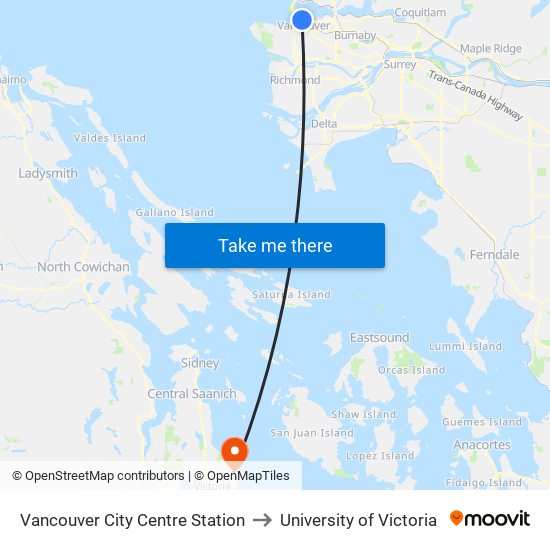 Vancouver City Centre Station to University of Victoria map