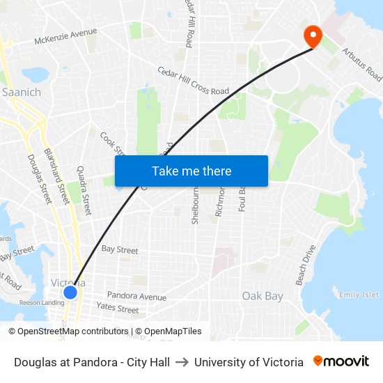 Douglas at Pandora - City Hall to University of Victoria map