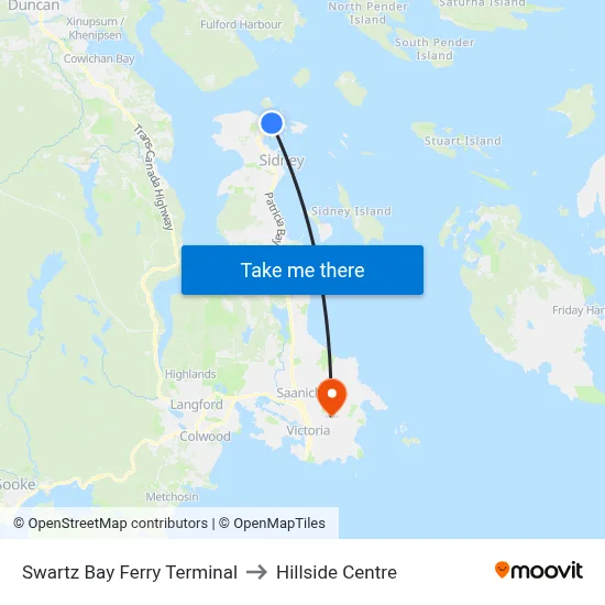 Swartz Bay Ferry Terminal to Hillside Centre map