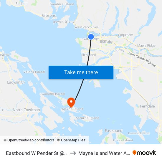 Eastbound W Pender St @ Granville St to Mayne Island Water Aerodrome map