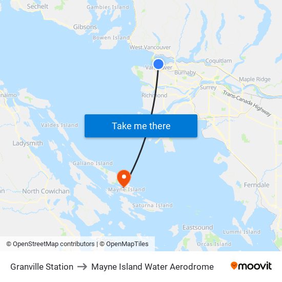Granville Station to Mayne Island Water Aerodrome map