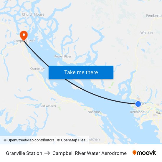 Granville Station to Campbell River Water Aerodrome map