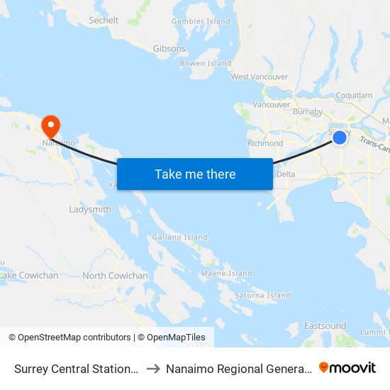 Surrey Central Station @ Bay 8 to Nanaimo Regional General Hospital map