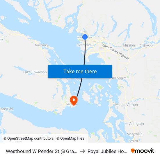 Westbound W Pender St @ Granville St to Royal Jubilee Hospital map