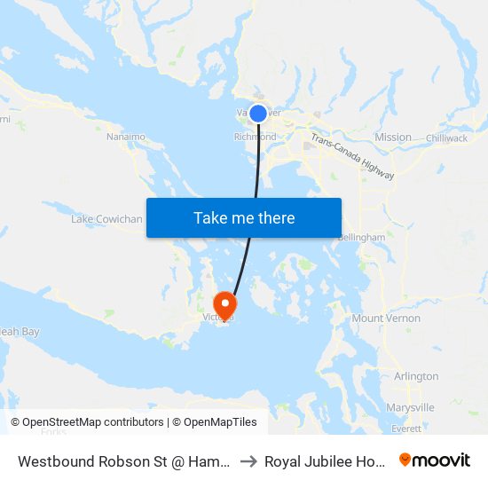 Westbound Robson St @ Hamilton St to Royal Jubilee Hospital map