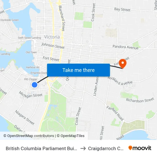British Columbia Parliament Buildings to Craigdarroch Castle map