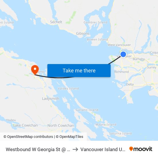 Westbound W Georgia St @ Burrard St to Vancouver Island University map