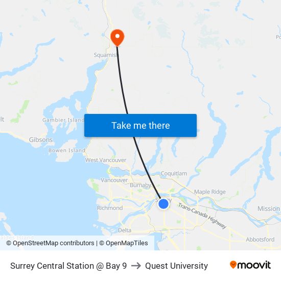 Surrey Central Station @ Bay 9 to Quest University map