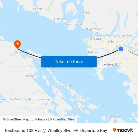 Eastbound 108 Ave @ Whalley Blvd to Departure Bay map