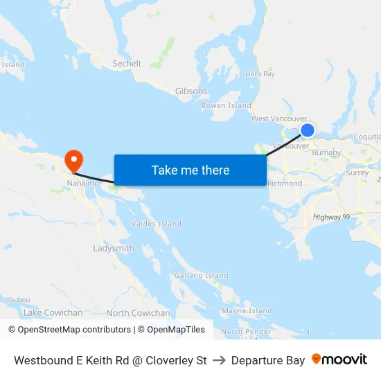 Westbound E Keith Rd @ Cloverley St to Departure Bay map