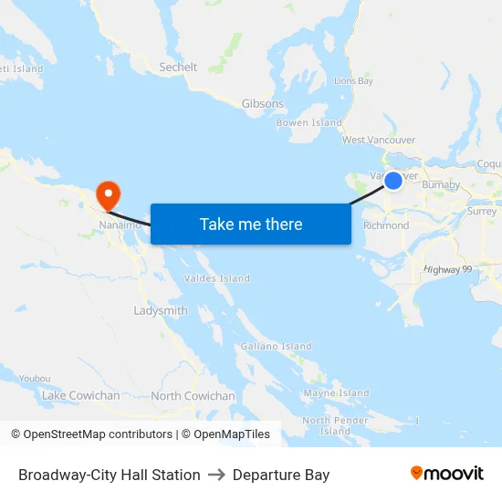 Broadway-City Hall Station to Departure Bay map