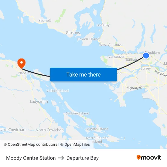 Moody Centre Station to Departure Bay map
