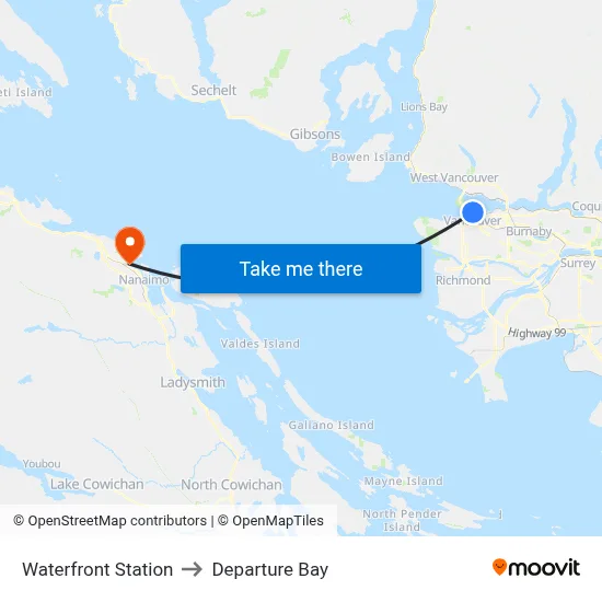 Waterfront Station to Departure Bay map