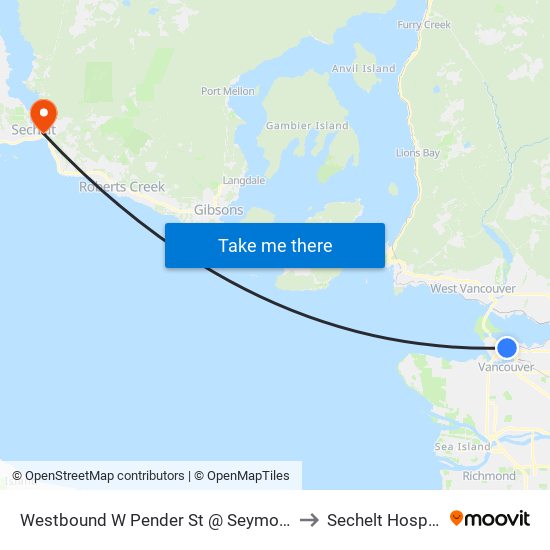 Westbound W Pender St @ Seymour St to Sechelt Hospital map