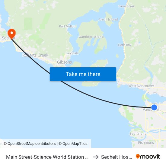 Main Street-Science World Station @ Bay 1 to Sechelt Hospital map