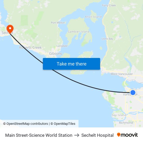 Main Street-Science World Station to Sechelt Hospital map