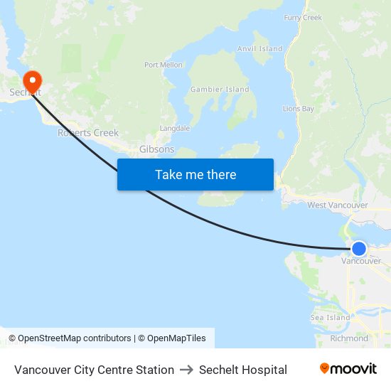 Vancouver City Centre Station to Sechelt Hospital map