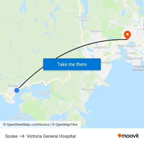 Sooke to Victoria General Hospital map