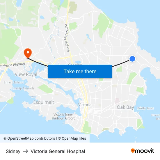 Sidney to Victoria General Hospital map