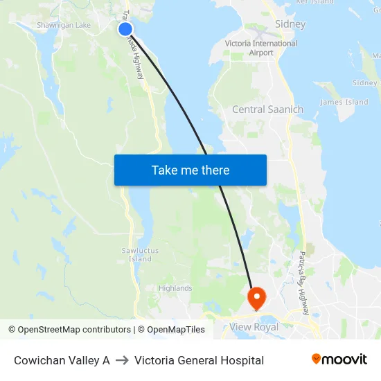 Cowichan Valley A to Victoria General Hospital map
