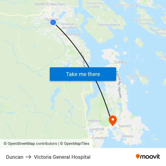 Duncan to Victoria General Hospital map