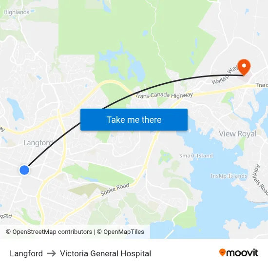 Langford to Victoria General Hospital map