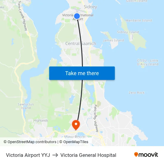 Victoria Airport YYJ to Victoria General Hospital map