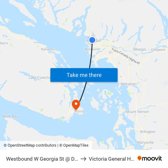 Westbound W Georgia St @ Denman St to Victoria General Hospital map