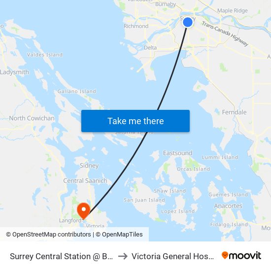 Surrey Central Station @ Bay 4 to Victoria General Hospital map