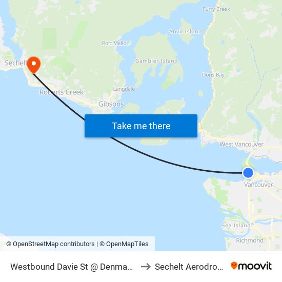 Westbound Davie St @ Denman St to Sechelt Aerodrome map