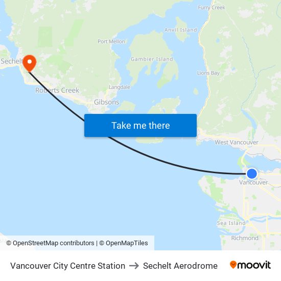 Vancouver City Centre Station to Sechelt Aerodrome map