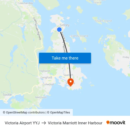 Victoria Airport YYJ to Victoria Marriott Inner Harbour map