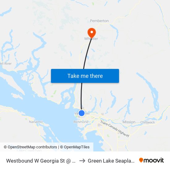 Westbound W Georgia St @ Burrard St to Green Lake Seaplane Base map