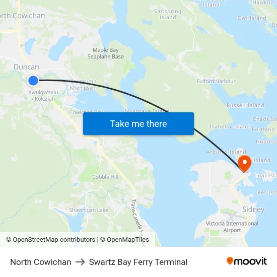 North Cowichan to Swartz Bay Ferry Terminal map